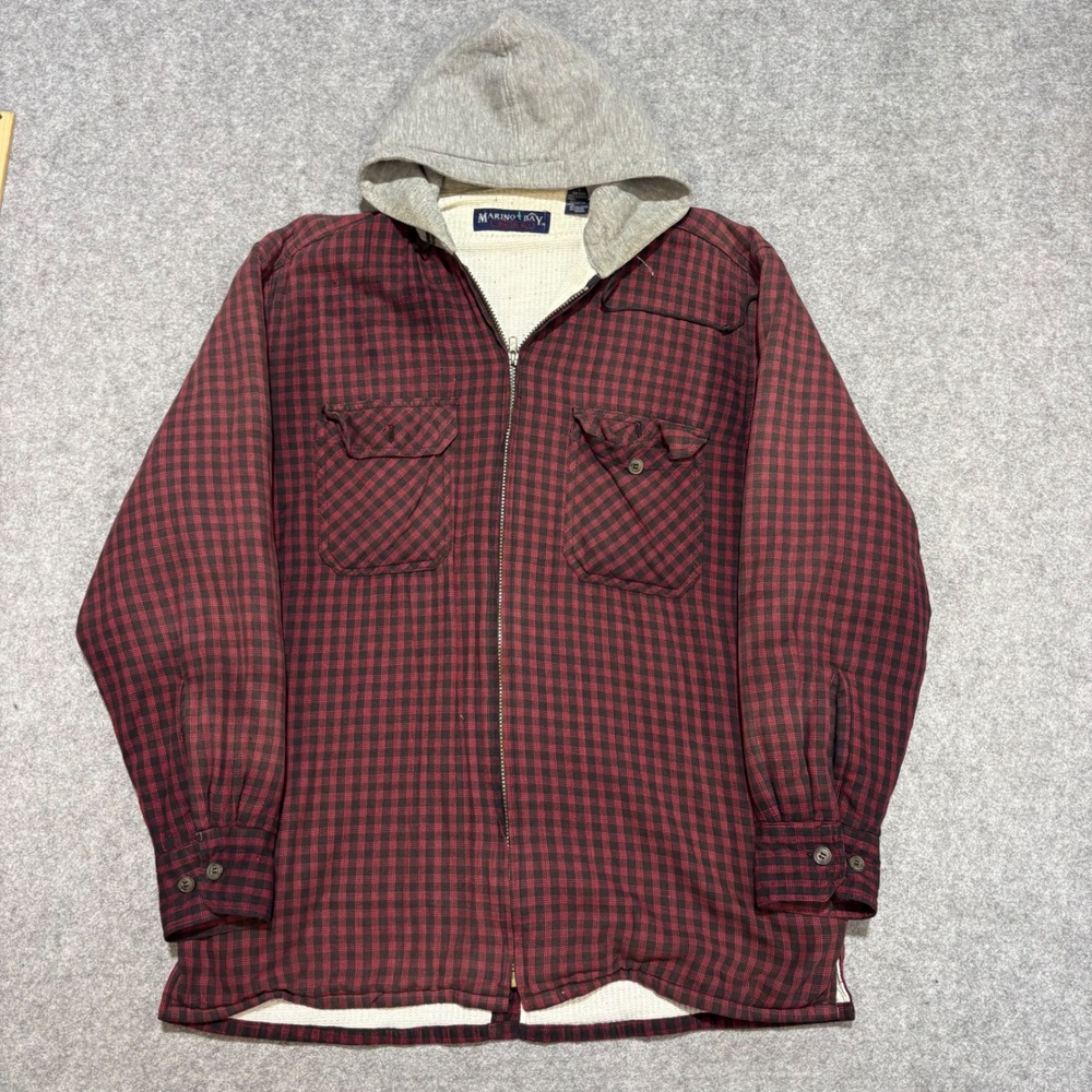 Marino Bay Mens Red Plaid Thermal Lined Full Zip Hooded Flannel Shirt Jacket L